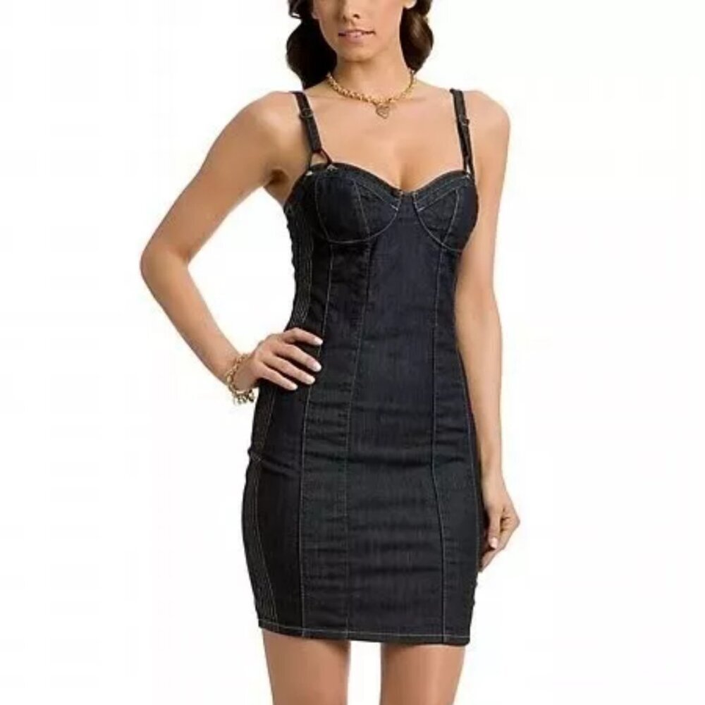 Guess Jeans Y2K Denim Lace Up Back Corset Bodycon Bustier Mini Dress Size 1 XS - Picture 2 of 16